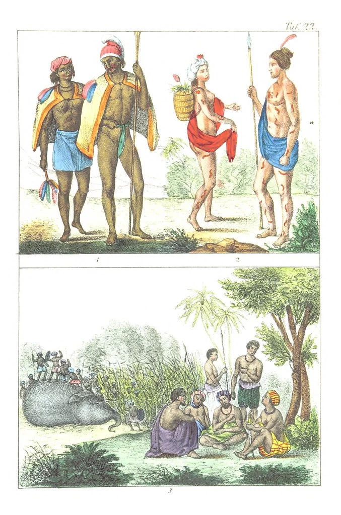 An illustration from Die Völker der Erde nach ihrer Eigenthümlichkeit in Regierungsform, Sitten und Nationaltracht durch Wort und Bild, geschildert nach den Werken eines Barrow, H. Barth, Catlin, etc. Herausgegeben von A. B. Reichenbach. Mit 50 Tafeln colorirten Abbildungen, 1859, leaf 479
