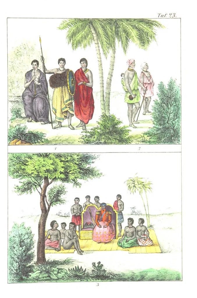 An illustration from Die Völker der Erde nach ihrer Eigenthümlichkeit in Regierungsform, Sitten und Nationaltracht durch Wort und Bild, geschildert nach den Werken eines Barrow, H. Barth, Catlin, etc. Herausgegeben von A. B. Reichenbach. Mit 50 Tafeln colorirten Abbildungen, 1859, leaf 481