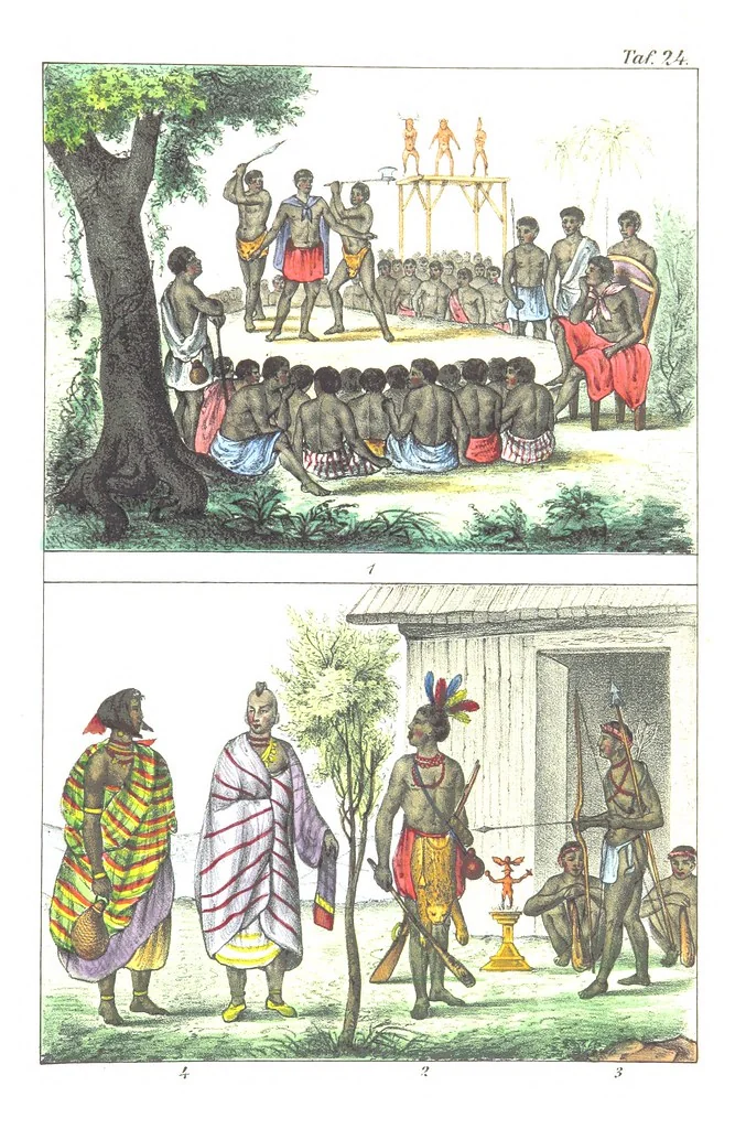 An illustration from Die Völker der Erde nach ihrer Eigenthümlichkeit in Regierungsform, Sitten und Nationaltracht durch Wort und Bild, geschildert nach den Werken eines Barrow, H. Barth, Catlin, etc. Herausgegeben von A. B. Reichenbach. Mit 50 Tafeln colorirten Abbildungen, 1859, leaf 483