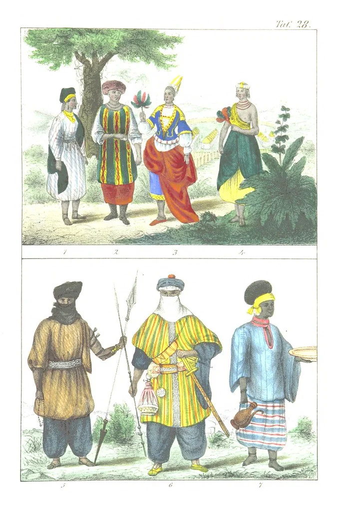 An illustration from Die Völker der Erde nach ihrer Eigenthümlichkeit in Regierungsform, Sitten und Nationaltracht durch Wort und Bild, geschildert nach den Werken eines Barrow, H. Barth, Catlin, etc. Herausgegeben von A. B. Reichenbach. Mit 50 Tafeln colorirten Abbildungen, 1859, leaf 491