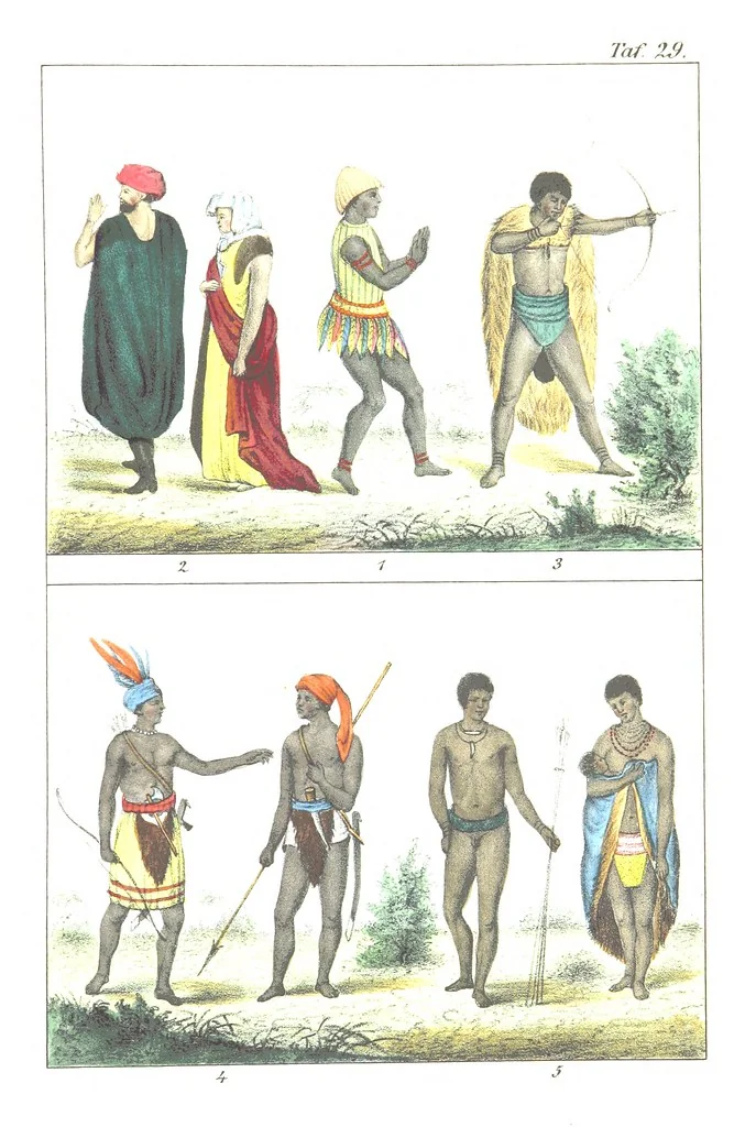 An illustration from Die Völker der Erde nach ihrer Eigenthümlichkeit in Regierungsform, Sitten und Nationaltracht durch Wort und Bild, geschildert nach den Werken eines Barrow, H. Barth, Catlin, etc. Herausgegeben von A. B. Reichenbach. Mit 50 Tafeln colorirten Abbildungen, 1859, leaf 493