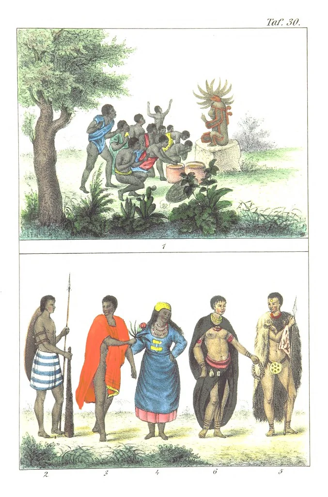 An illustration from Die Völker der Erde nach ihrer Eigenthümlichkeit in Regierungsform, Sitten und Nationaltracht durch Wort und Bild, geschildert nach den Werken eines Barrow, H. Barth, Catlin, etc. Herausgegeben von A. B. Reichenbach. Mit 50 Tafeln colorirten Abbildungen, 1859, leaf 495
