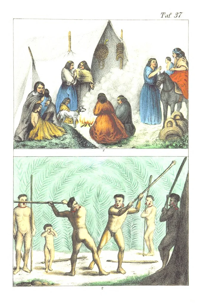 An illustration from Die Völker der Erde nach ihrer Eigenthümlichkeit in Regierungsform, Sitten und Nationaltracht durch Wort und Bild, geschildert nach den Werken eines Barrow, H. Barth, Catlin, etc. Herausgegeben von A. B. Reichenbach. Mit 50 Tafeln colorirten Abbildungen, 1859, leaf 509