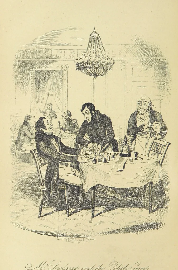 An illustration from Pickwick abroad; or, the Tour in France ... Illustrated with forty steel engravings by Crowquill, and thirty-three wood cuts, 1864, leaf 392