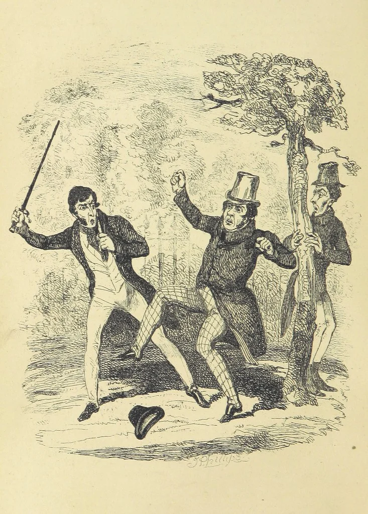 An illustration from Pickwick abroad; or, the Tour in France ... Illustrated with forty steel engravings by Crowquill, and thirty-three wood cuts, 1864, leaf 438