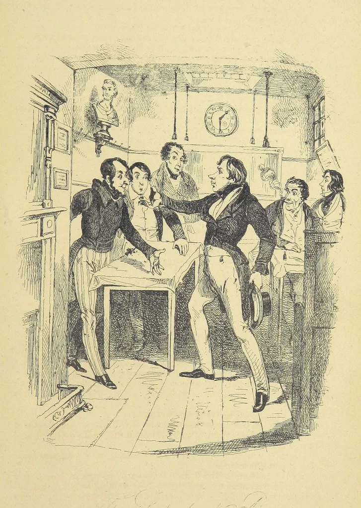 An illustration from Pickwick abroad; or, the Tour in France ... Illustrated with forty steel engravings by Crowquill, and thirty-three wood cuts, 1864, leaf 679