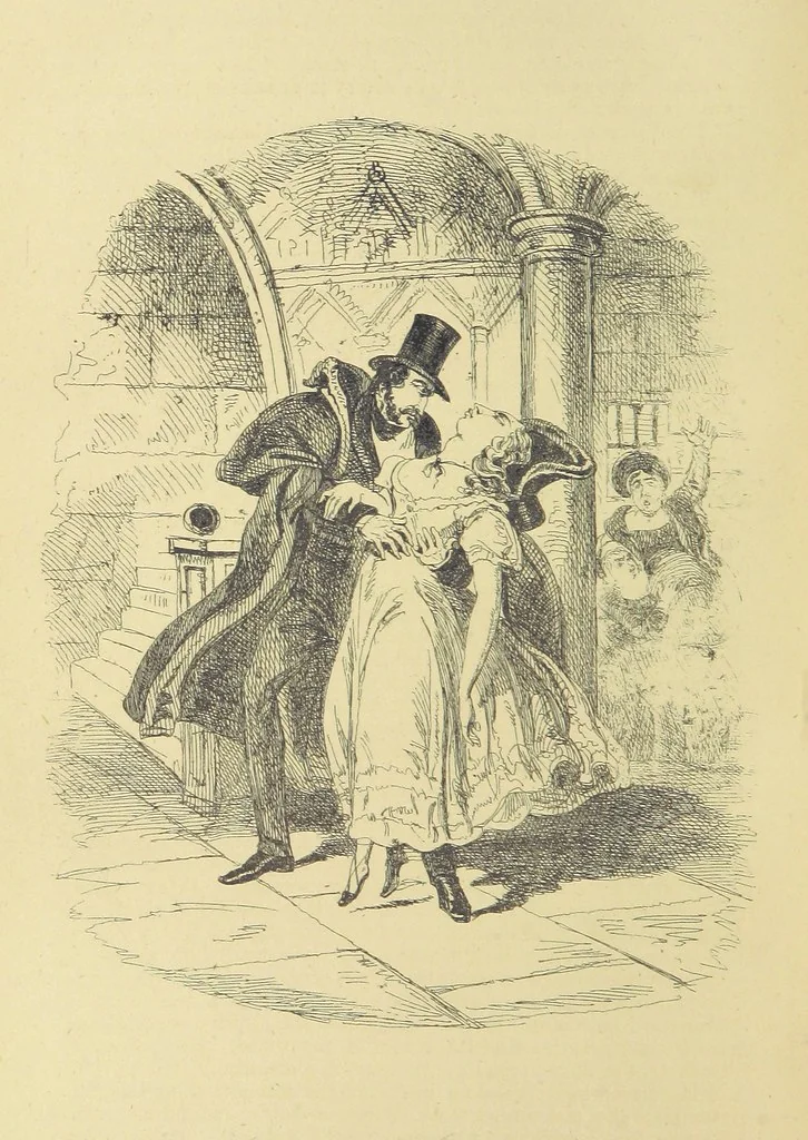An illustration from Pickwick abroad; or, the Tour in France ... Illustrated with forty steel engravings by Crowquill, and thirty-three wood cuts, 1864, leaf 696