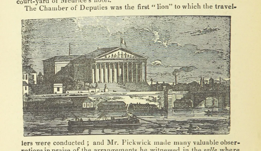 An illustration from Pickwick abroad; or, the Tour in France ... Illustrated with forty steel engravings by Crowquill, and thirty-three wood cuts, 1864, leaf 90