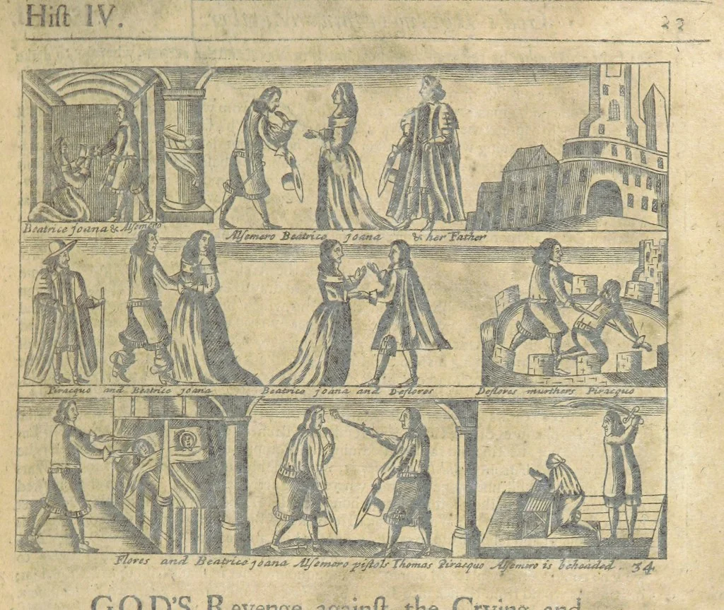 An illustration from The Triumphs of Gods Revenge against the Crying and Execrable Sin of ... Murther ... The seventh ... edition. Whereunto are added ... copper plates, 1704, leaf 63