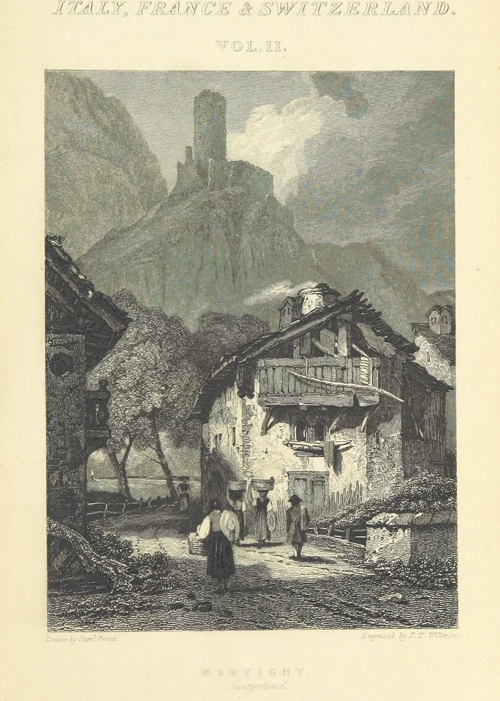 An illustration from The Continental Tourist. Views of Cities and Scenery in Italy, France, and Switzerland. From original drawings by S. Prout, ... and J. D. Harding, with descriptions in English by T. Roscoe, and in French by A. Sosson, 1849, leaf 195