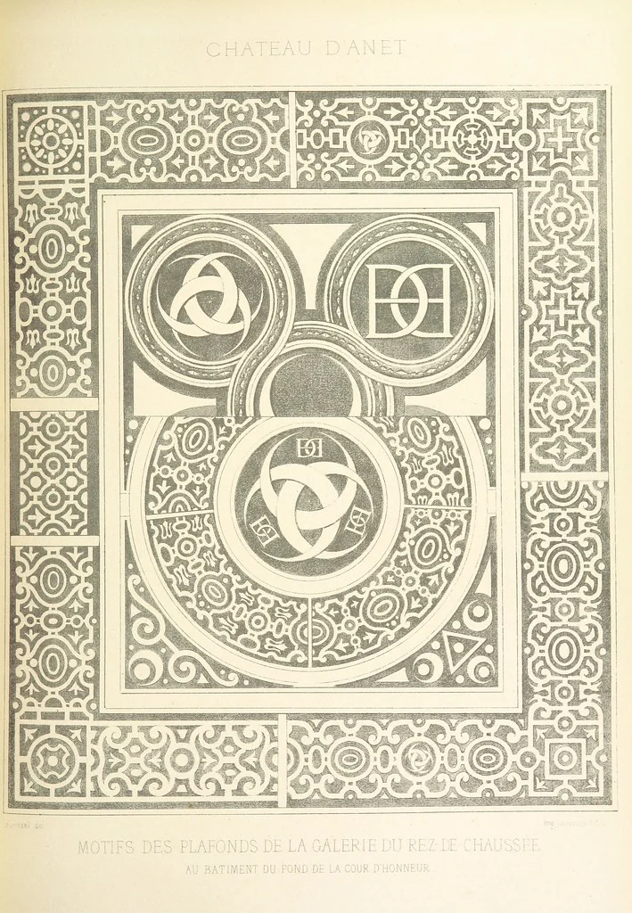 An illustration from Histoire et description du Château d'Anet, depuis le dixième siècle jusqu'à nos jours. Précédée d'une notice sur la ville d'Anet, ... et contenant une étude sur Diane de Poitiers, 1875, leaf 107