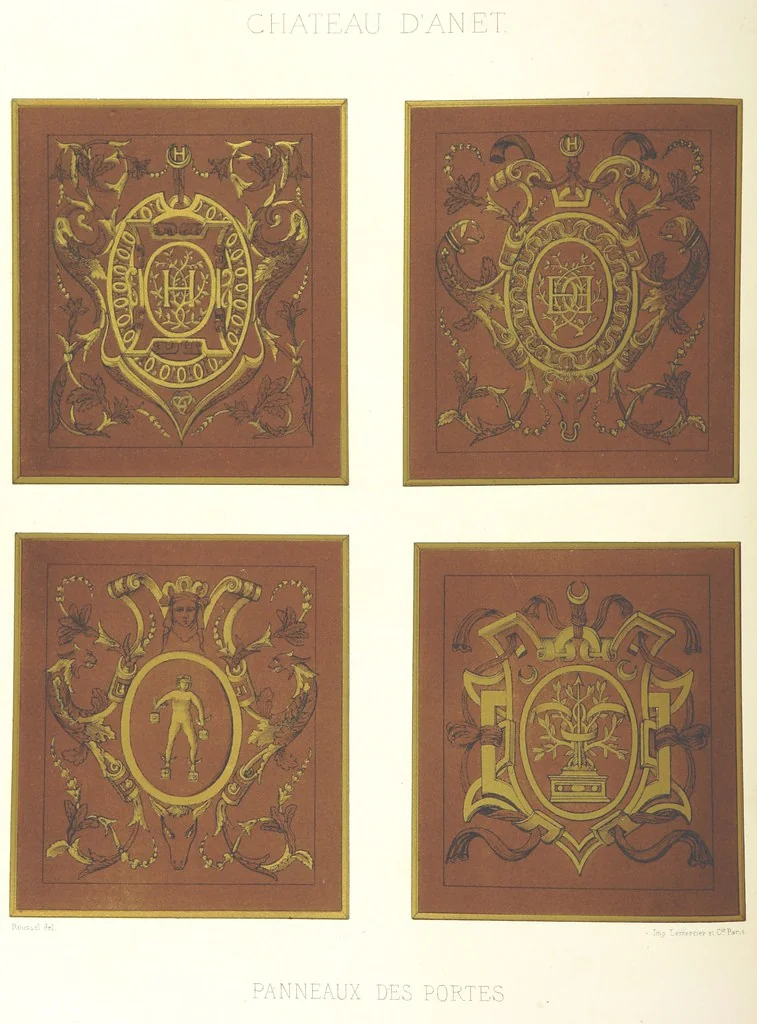 An illustration from Histoire et description du Château d'Anet, depuis le dixième siècle jusqu'à nos jours. Précédée d'une notice sur la ville d'Anet, ... et contenant une étude sur Diane de Poitiers, 1875, leaf 114