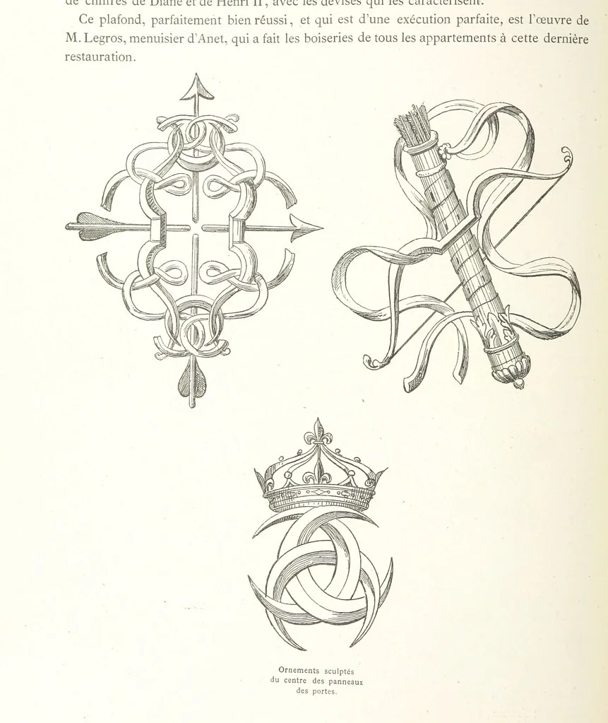 An illustration from Histoire et description du Château d'Anet, depuis le dixième siècle jusqu'à nos jours. Précédée d'une notice sur la ville d'Anet, ... et contenant une étude sur Diane de Poitiers, 1875, leaf 116