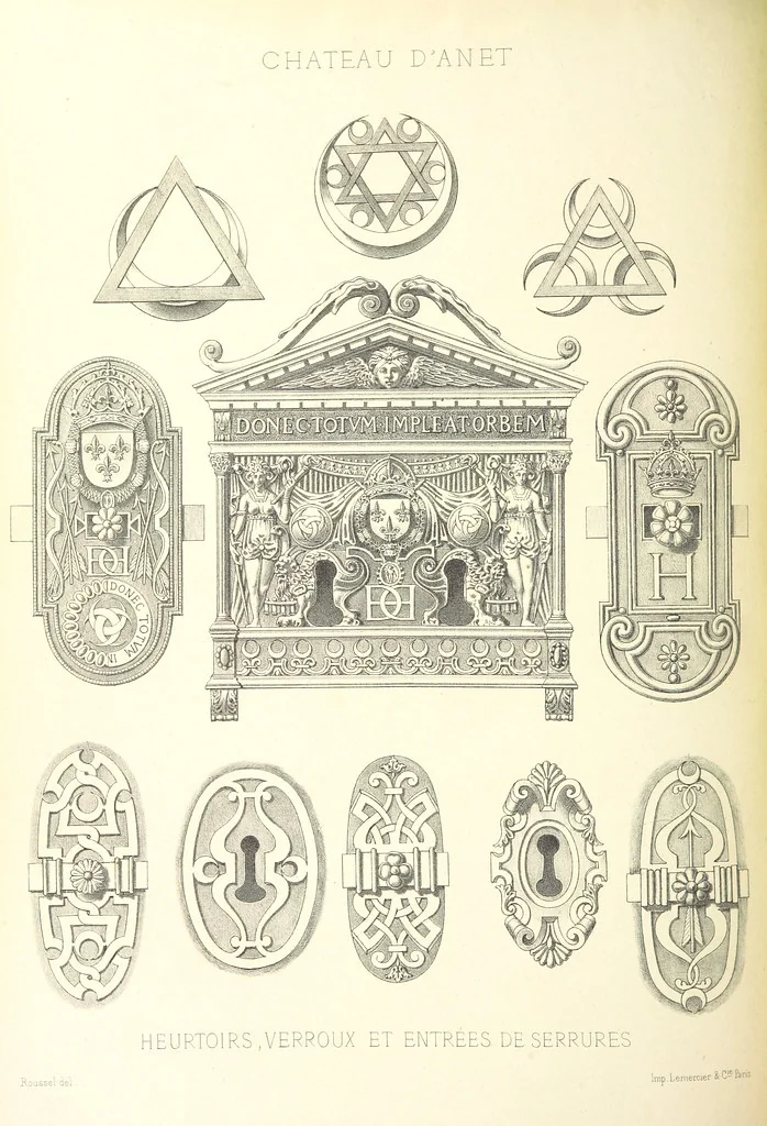 An illustration from Histoire et description du Château d'Anet, depuis le dixième siècle jusqu'à nos jours. Précédée d'une notice sur la ville d'Anet, ... et contenant une étude sur Diane de Poitiers, 1875, leaf 128