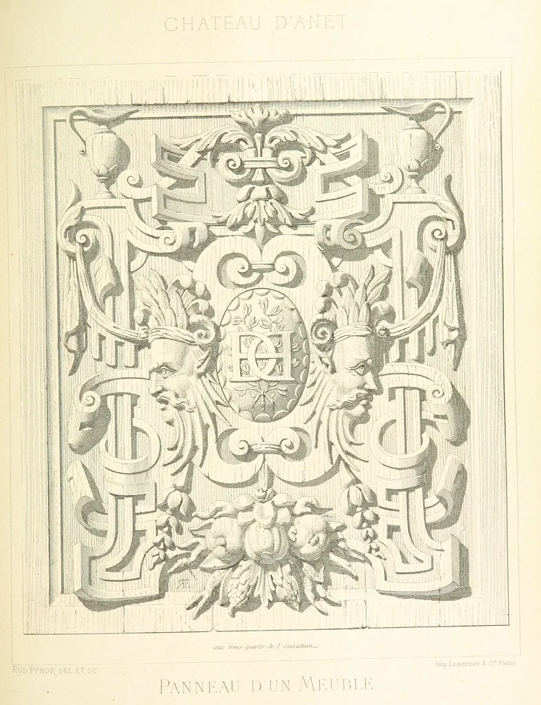 An illustration from Histoire et description du Château d'Anet, depuis le dixième siècle jusqu'à nos jours. Précédée d'une notice sur la ville d'Anet, ... et contenant une étude sur Diane de Poitiers, 1875, leaf 153