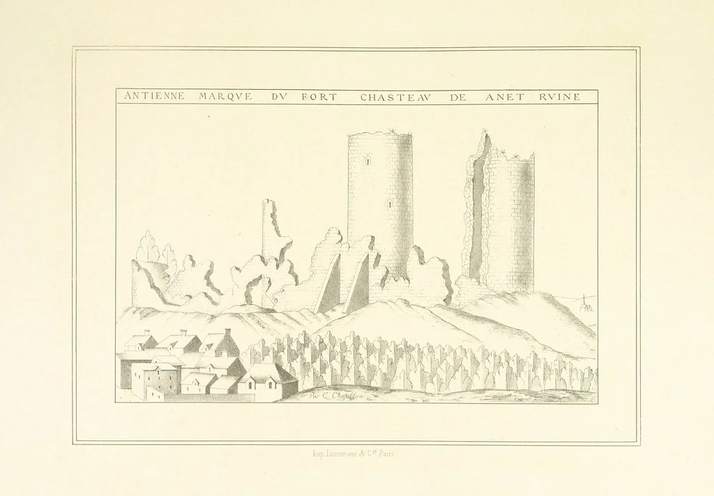 An illustration from Histoire et description du Château d'Anet, depuis le dixième siècle jusqu'à nos jours. Précédée d'une notice sur la ville d'Anet, ... et contenant une étude sur Diane de Poitiers, 1875, leaf 45