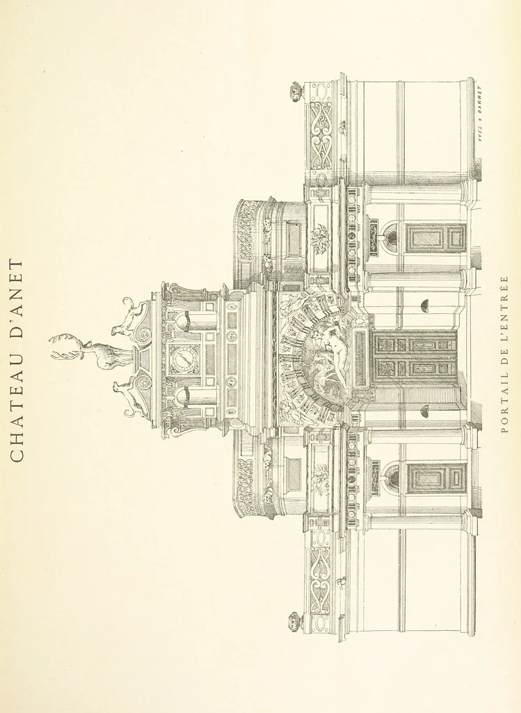 An illustration from Histoire et description du Château d'Anet, depuis le dixième siècle jusqu'à nos jours. Précédée d'une notice sur la ville d'Anet, ... et contenant une étude sur Diane de Poitiers, 1875, leaf 53