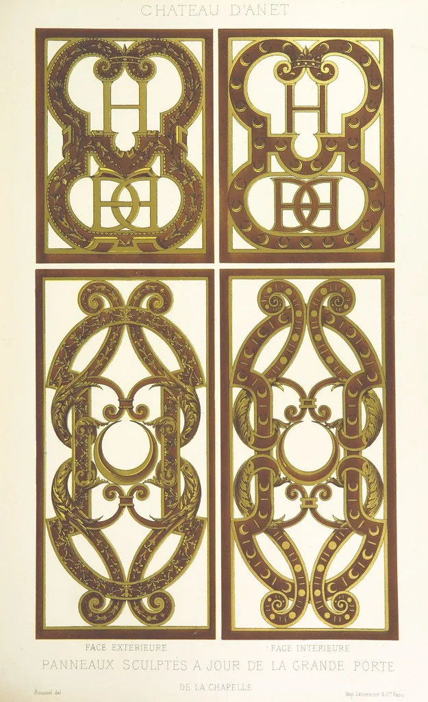 An illustration from Histoire et description du Château d'Anet, depuis le dixième siècle jusqu'à nos jours. Précédée d'une notice sur la ville d'Anet, ... et contenant une étude sur Diane de Poitiers, 1875, leaf 77