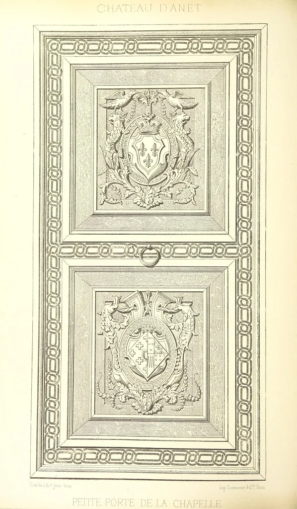 An illustration from Histoire et description du Château d'Anet, depuis le dixième siècle jusqu'à nos jours. Précédée d'une notice sur la ville d'Anet, ... et contenant une étude sur Diane de Poitiers, 1875, leaf 80