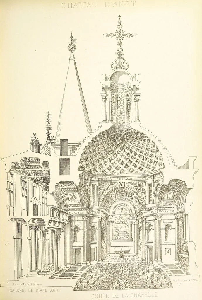 An illustration from Histoire et description du Château d'Anet, depuis le dixième siècle jusqu'à nos jours. Précédée d'une notice sur la ville d'Anet, ... et contenant une étude sur Diane de Poitiers, 1875, leaf 83