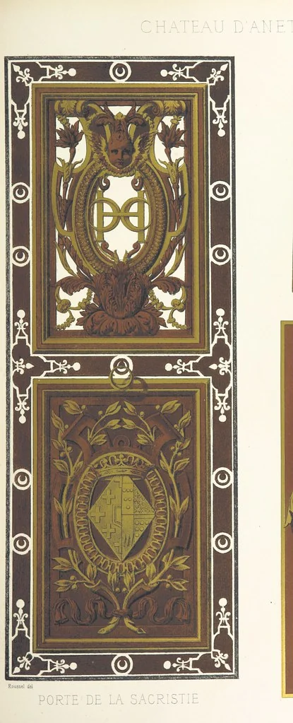 An illustration from Histoire et description du Château d'Anet, depuis le dixième siècle jusqu'à nos jours. Précédée d'une notice sur la ville d'Anet, ... et contenant une étude sur Diane de Poitiers, 1875, leaf 87