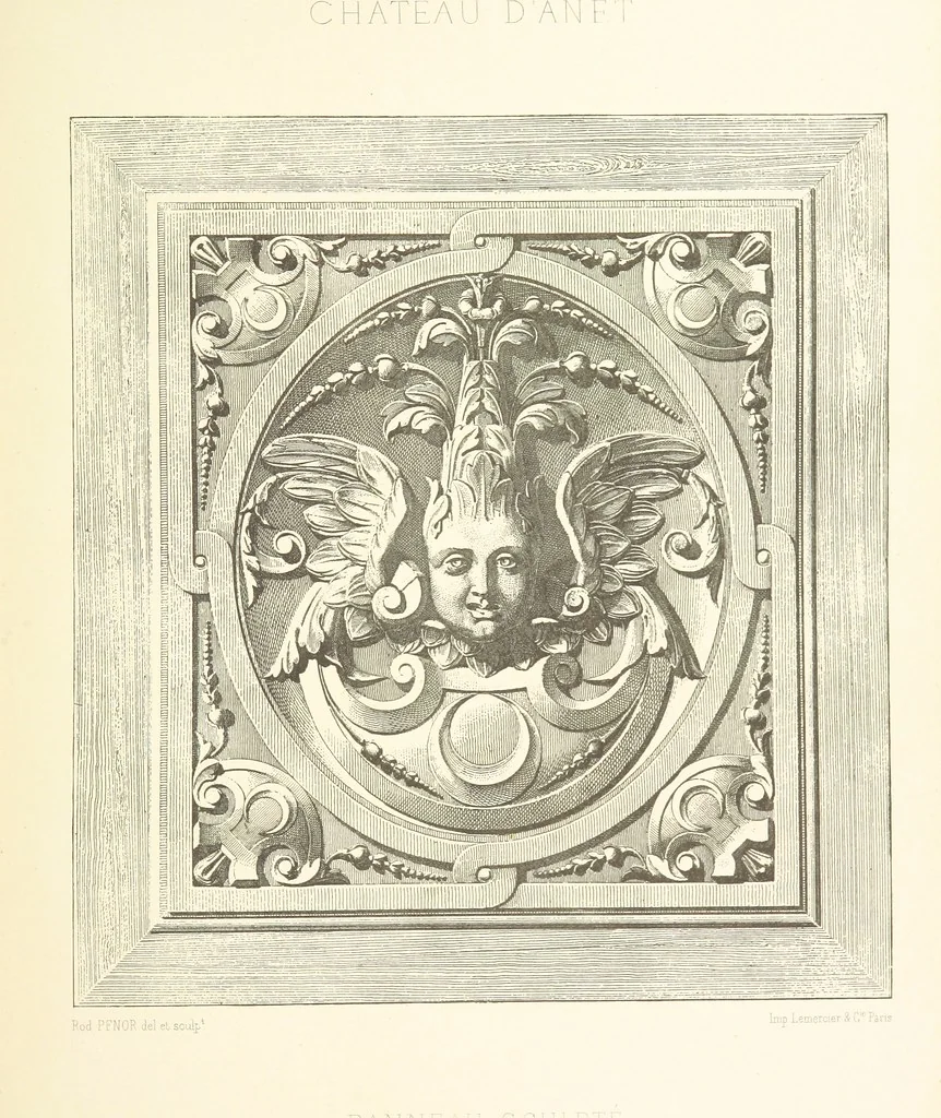 An illustration from Histoire et description du Château d'Anet, depuis le dixième siècle jusqu'à nos jours. Précédée d'une notice sur la ville d'Anet, ... et contenant une étude sur Diane de Poitiers, 1875, leaf 89