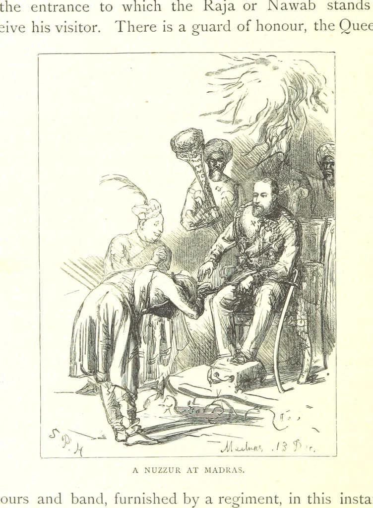 An illustration from The Prince of Wales' Tour: a diary in India; with some account of the visits ... to the Courts of Greece, Egypt, Spain, and Portugal ... With illustrations by S. P. Hall, 1877, leaf 400