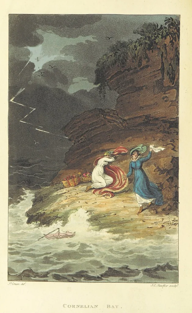 An illustration from Poetical Sketches of Scarborough [By J. P., i.e. J. B. Papworth, W., i.e. F. Wrangham, and W. Combe]: illustrated by twenty-one engravings ... coloured from original designs, made ... by J. Green, and etched by T. Rowlandson. The second edition, 1813, leaf 132
