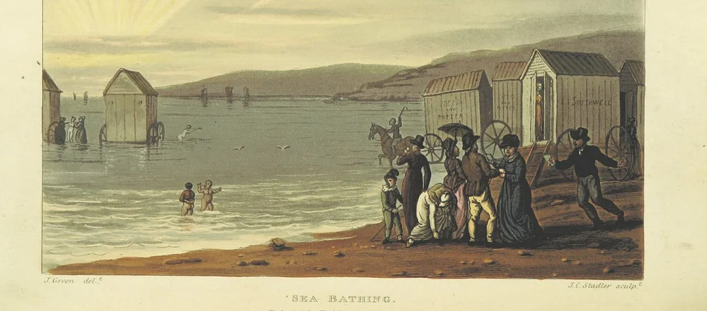 An illustration from Poetical Sketches of Scarborough [By J. P., i.e. J. B. Papworth, W., i.e. F. Wrangham, and W. Combe]: illustrated by twenty-one engravings ... coloured from original designs, made ... by J. Green, and etched by T. Rowlandson. The second edition, 1813, leaf 154