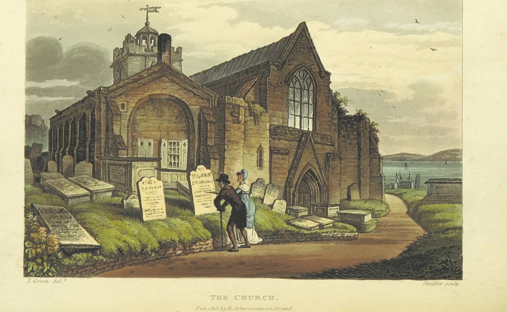 An illustration from Poetical Sketches of Scarborough [By J. P., i.e. J. B. Papworth, W., i.e. F. Wrangham, and W. Combe]: illustrated by twenty-one engravings ... coloured from original designs, made ... by J. Green, and etched by T. Rowlandson. The second edition, 1813, leaf 176