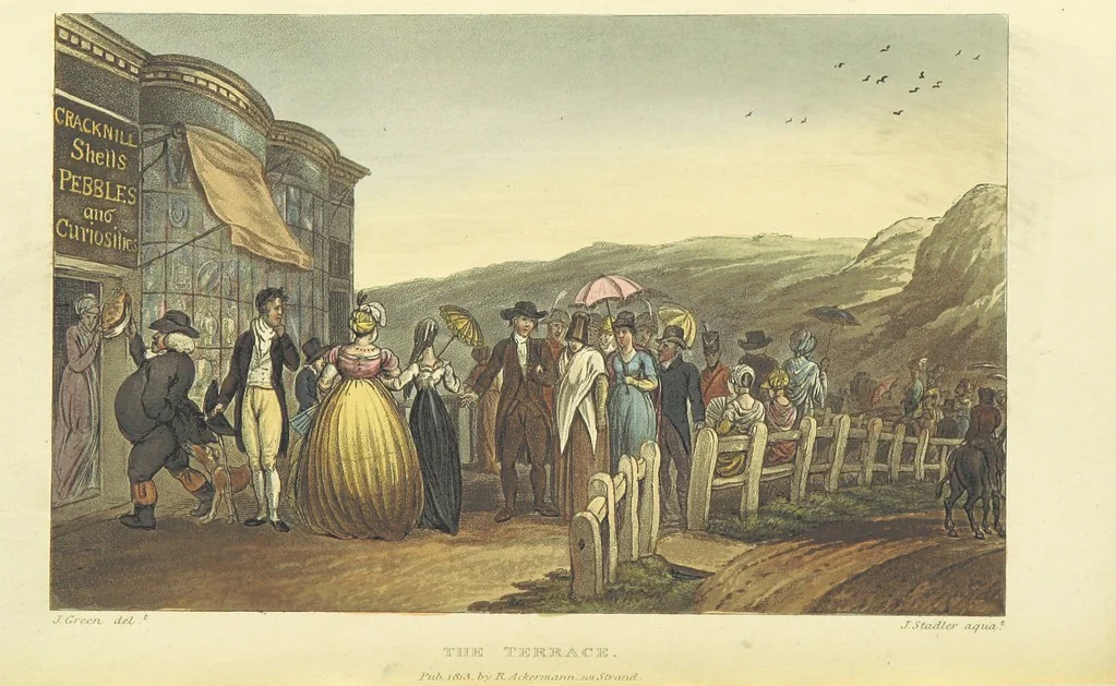 An illustration from Poetical Sketches of Scarborough [By J. P., i.e. J. B. Papworth, W., i.e. F. Wrangham, and W. Combe]: illustrated by twenty-one engravings ... coloured from original designs, made ... by J. Green, and etched by T. Rowlandson. The second edition, 1813, leaf 210