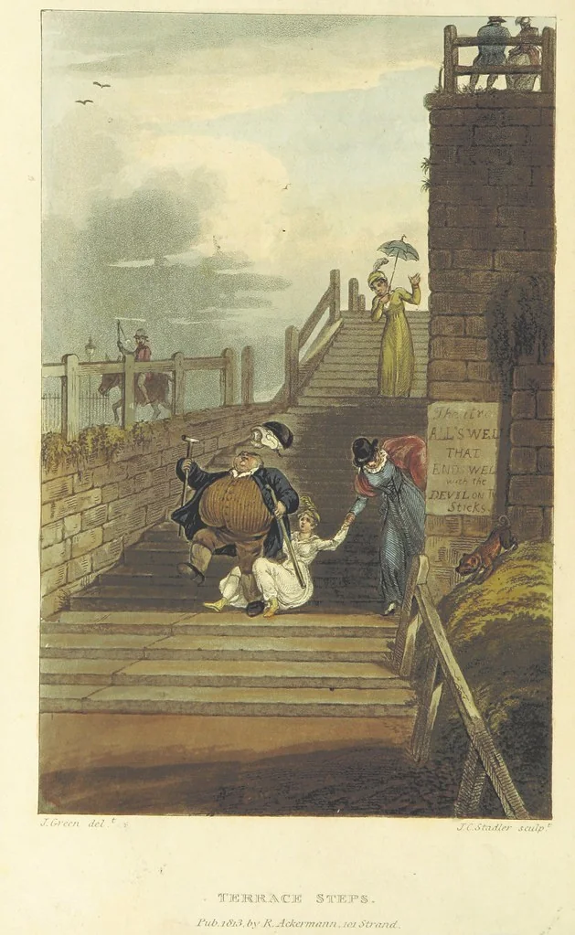 An illustration from Poetical Sketches of Scarborough [By J. P., i.e. J. B. Papworth, W., i.e. F. Wrangham, and W. Combe]: illustrated by twenty-one engravings ... coloured from original designs, made ... by J. Green, and etched by T. Rowlandson. The second edition, 1813, leaf 242