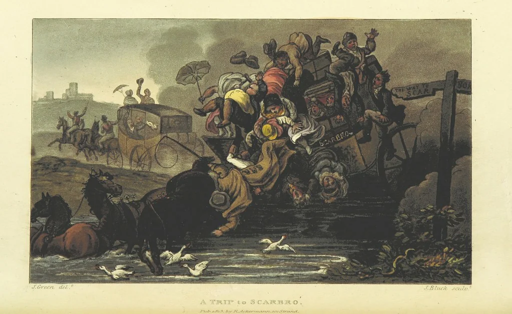 An illustration from Poetical Sketches of Scarborough [By J. P., i.e. J. B. Papworth, W., i.e. F. Wrangham, and W. Combe]: illustrated by twenty-one engravings ... coloured from original designs, made ... by J. Green, and etched by T. Rowlandson. The second edition, 1813, leaf 34