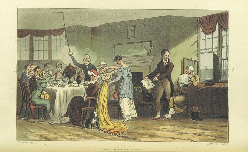 An illustration from Poetical Sketches of Scarborough [By J. P., i.e. J. B. Papworth, W., i.e. F. Wrangham, and W. Combe]: illustrated by twenty-one engravings ... coloured from original designs, made ... by J. Green, and etched by T. Rowlandson. The second edition, 1813, leaf 50