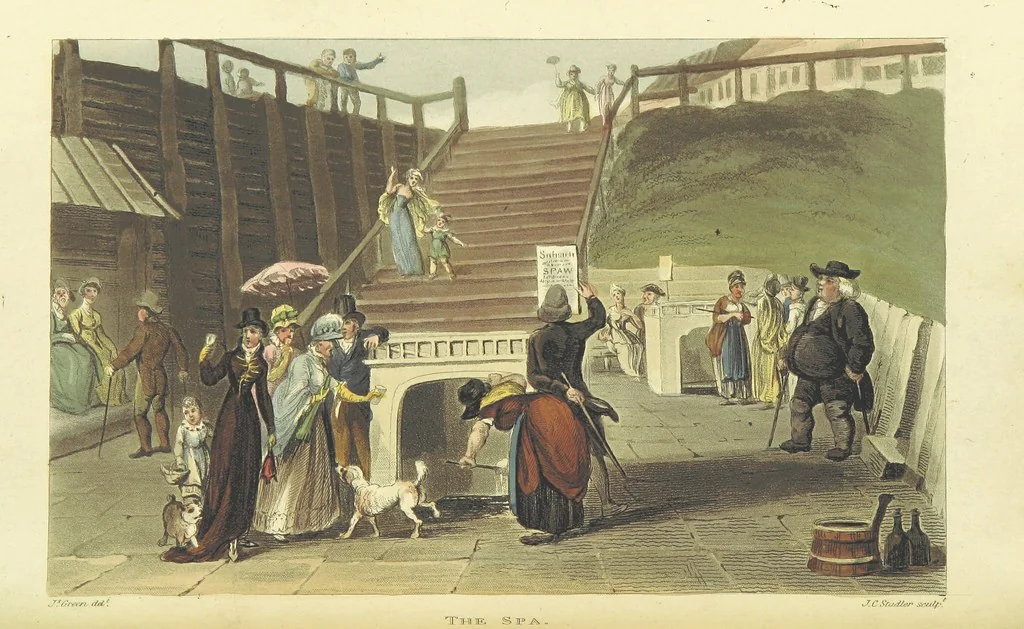 An illustration from Poetical Sketches of Scarborough [By J. P., i.e. J. B. Papworth, W., i.e. F. Wrangham, and W. Combe]: illustrated by twenty-one engravings ... coloured from original designs, made ... by J. Green, and etched by T. Rowlandson. The second edition, 1813, leaf 62