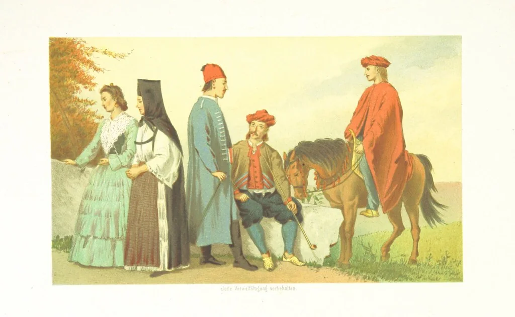 An illustration from Die Serben an der Adria. Ihre Typen und Trachten. [By Louis Salvator, Archduke of Austria, 1870, leaf 71