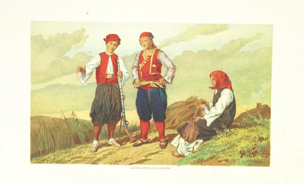 An illustration from Die Serben an der Adria. Ihre Typen und Trachten. [By Louis Salvator, Archduke of Austria, 1870, leaf 95