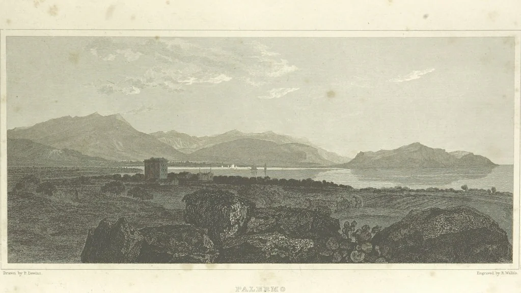 An illustration from The Scenery of Sicily. [Engravings. After drawings by peter De Wint, from sketches by William Light, 1825, leaf 15