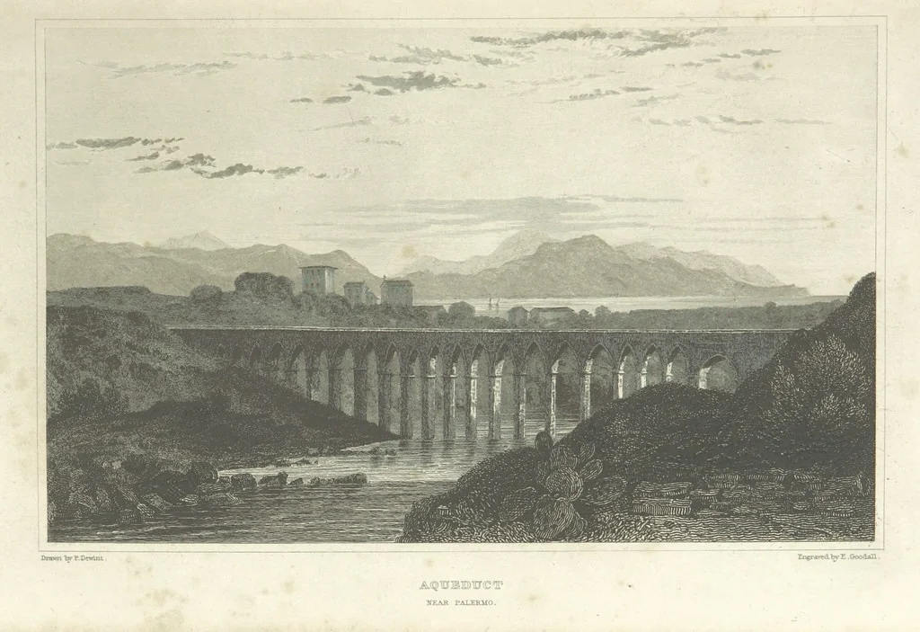 An illustration from The Scenery of Sicily. [Engravings. After drawings by peter De Wint, from sketches by William Light, 1825, leaf 27