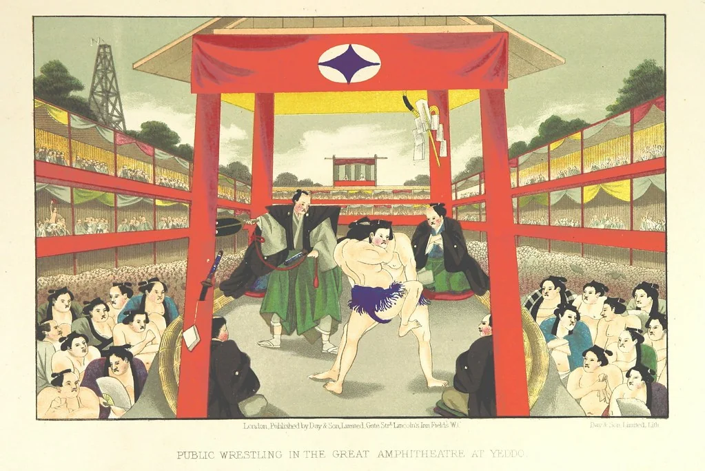 An illustration from Sketches of Japanese Manners and Customs ... Illustrated by native drawings, reproduced in fac-simile by means of chromo-lithography, 1867, leaf 77