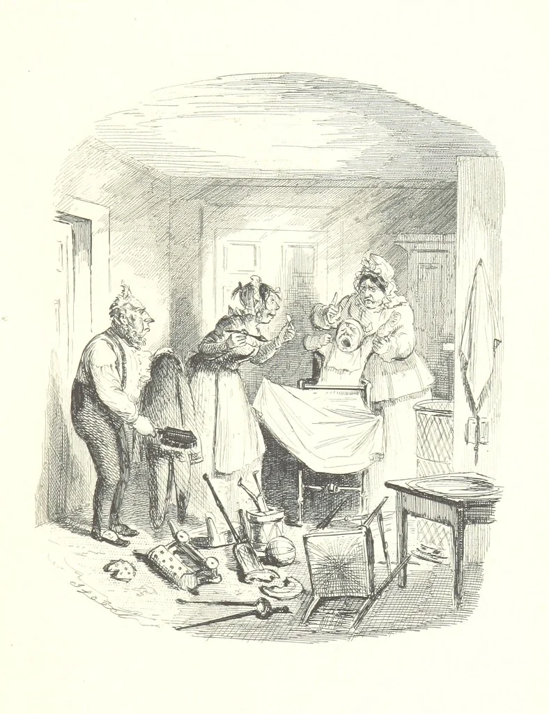 An illustration from The Struggles and Adventures of Christopher Tadpole at home and abroad. Illustrated by Leech, 1864, leaf 157