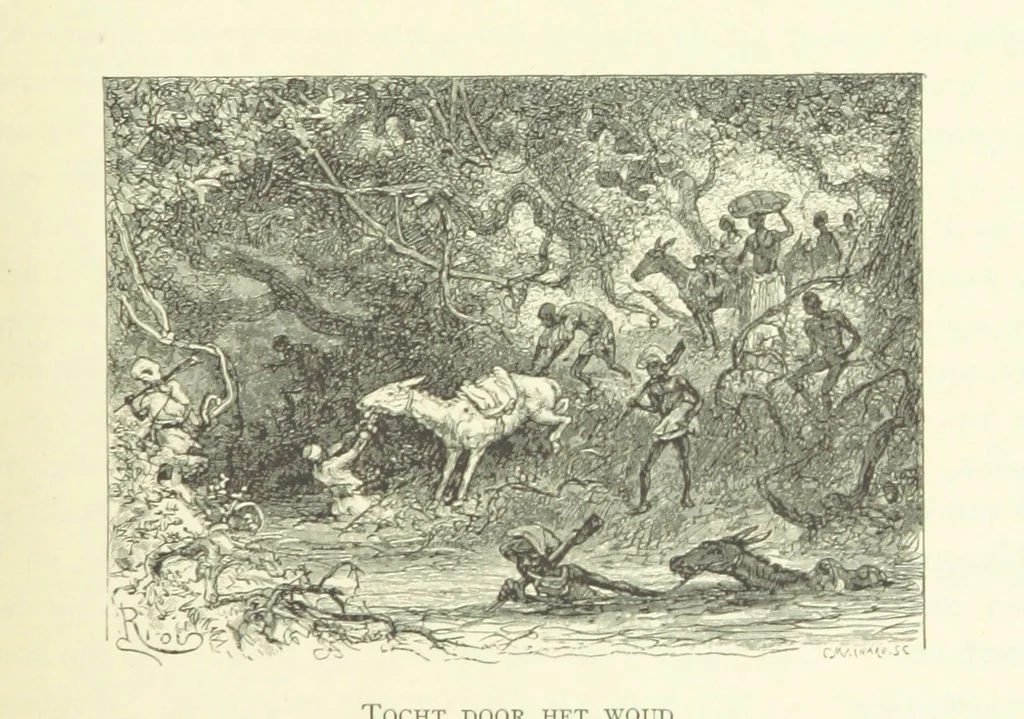 An illustration from Stanley in Afrika's donkere wildernissen, etc. [Translated from “In Darkest Afrika” by H. Tiedeman, 1890, leaf 175