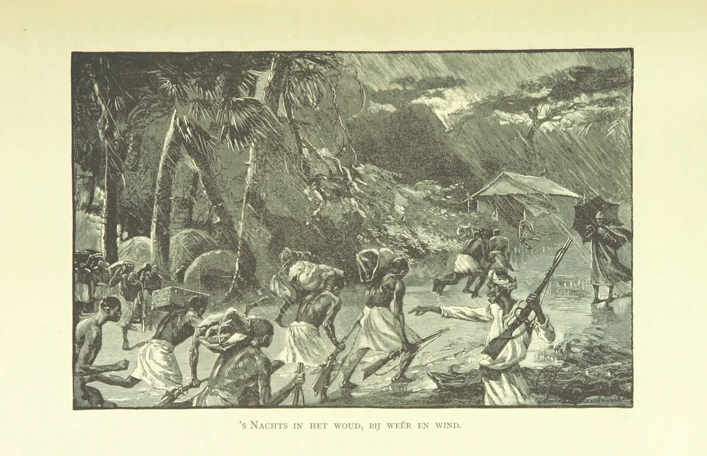 An illustration from Stanley in Afrika's donkere wildernissen, etc. [Translated from “In Darkest Afrika” by H. Tiedeman, 1890, leaf 187