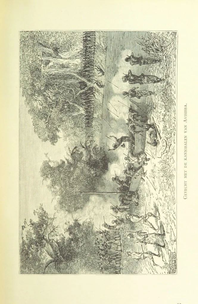 An illustration from Stanley in Afrika's donkere wildernissen, etc. [Translated from “In Darkest Afrika” by H. Tiedeman, 1890, leaf 223