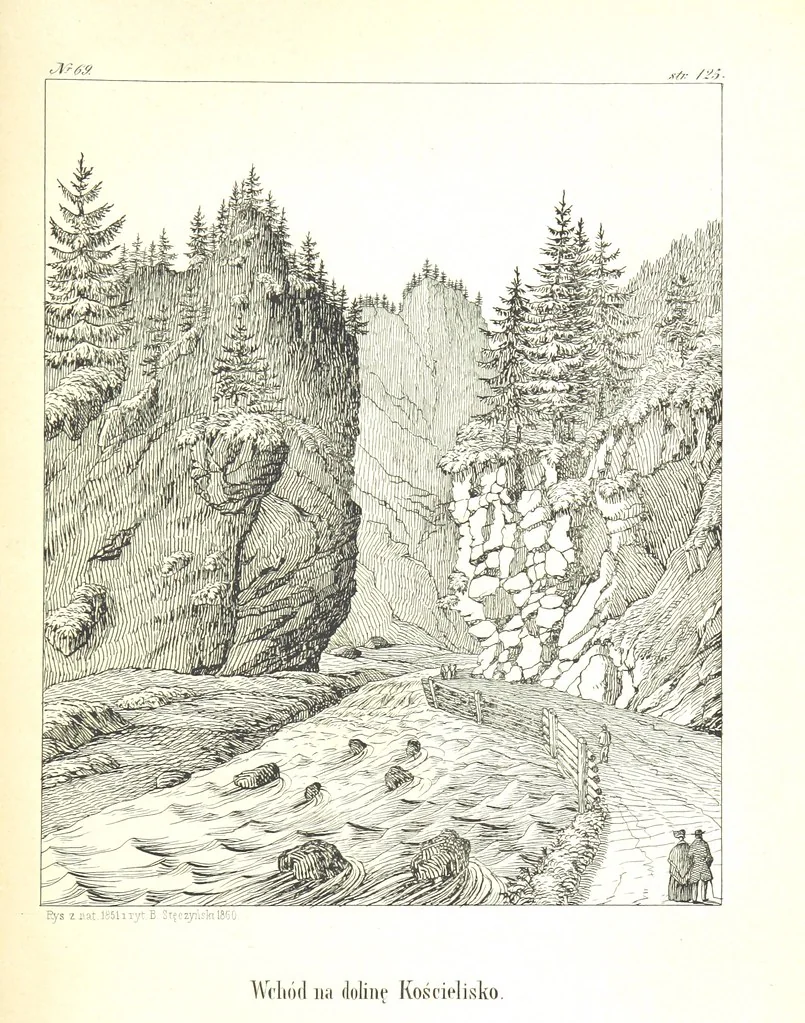 An illustration from Pieniny i Tatry: zbiór 80 malowniczych widoków ... wolną ręką z natury, a na kamieniu ... rytowanych, z treściwym onych przez autora opisem, 1860, leaf 157