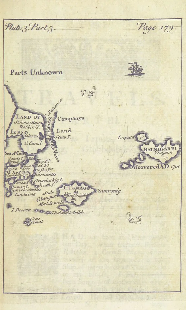 An illustration from The Works of Jonathan Swift, D.D., D.S.P.D., in eight volumes. Containing I. His Miscellanies in Prose. II. His Poetical Writings. III. The Travels of Capt. Lemuel Gulliver. IV. Papers relating to Ireland, and the Drapier's Letters. V. The Conduct of the Allies, and the Examiner. VI. The Publick Spirit of the Whiggs, &c., with Polite Conversation. VII. Letters to and from Dr. Swift. VIII. Directions to Servants, Sermons, Poems, &c, 1746, leaf 213