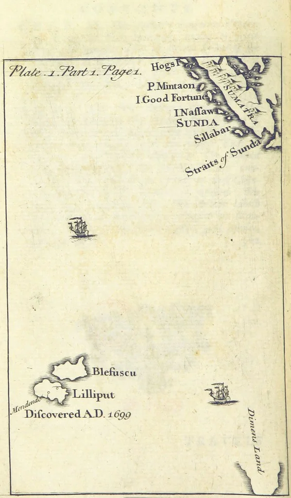 An illustration from The Works of Jonathan Swift, D.D., D.S.P.D., in eight volumes. Containing I. His Miscellanies in Prose. II. His Poetical Writings. III. The Travels of Capt. Lemuel Gulliver. IV. Papers relating to Ireland, and the Drapier's Letters. V. The Conduct of the Allies, and the Examiner. VI. The Publick Spirit of the Whiggs, &c., with Polite Conversation. VII. Letters to and from Dr. Swift. VIII. Directions to Servants, Sermons, Poems, &c, 1746, leaf 32