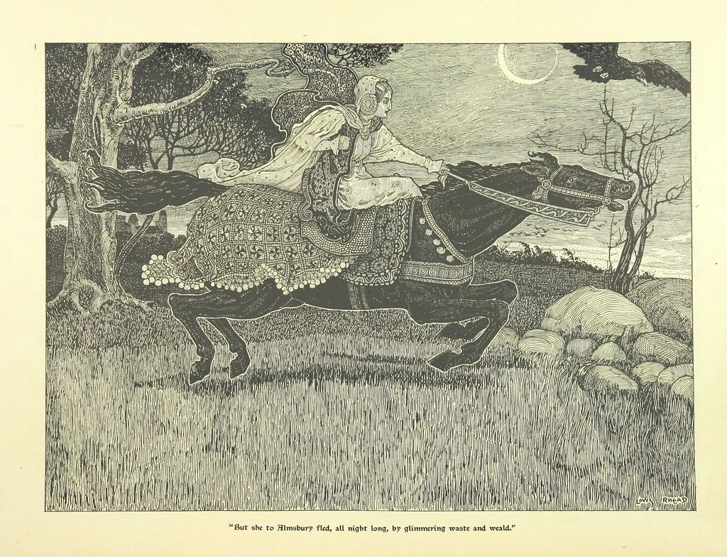 An illustration from Idylls of the King. Vivien. Elaine. Enid. Guinevere ... With ... decorations by G. W. Rhead and L. Rhead, 1898, leaf 100