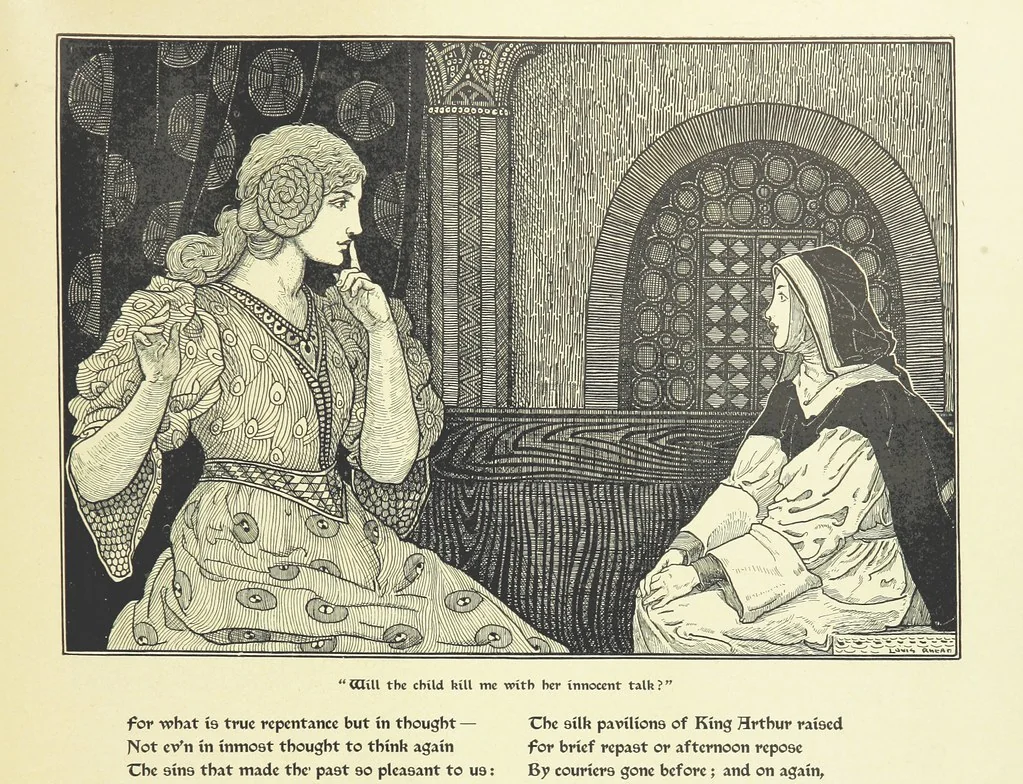 An illustration from Idylls of the King. Vivien. Elaine. Enid. Guinevere ... With ... decorations by G. W. Rhead and L. Rhead, 1898, leaf 103