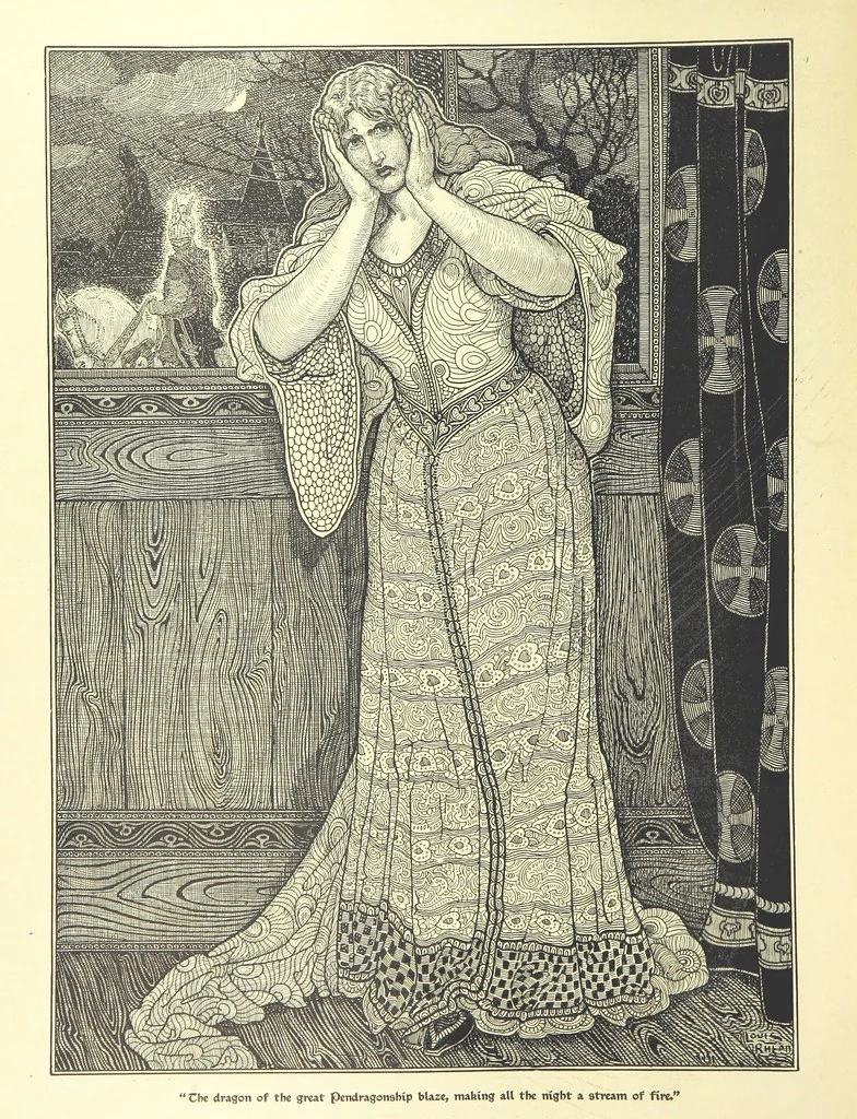 An illustration from Idylls of the King. Vivien. Elaine. Enid. Guinevere ... With ... decorations by G. W. Rhead and L. Rhead, 1898, leaf 108